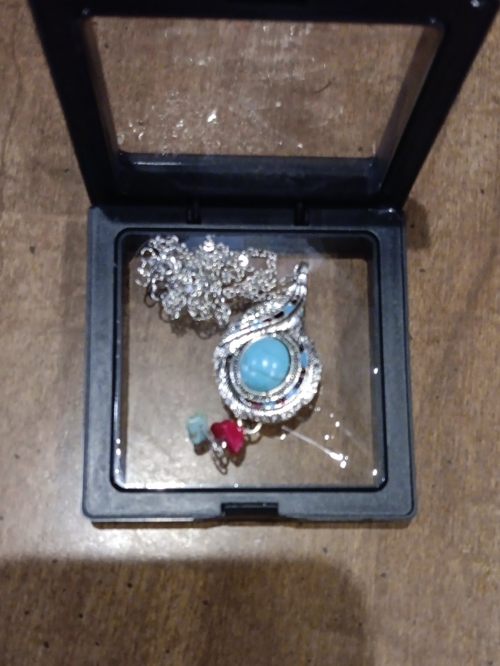 Source Unknown Silver Necklace with Turquoise Blue Center and Red Accent